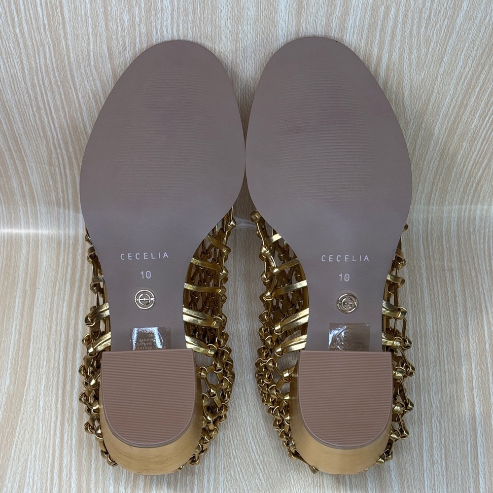 CECELIA Gold Woven Leather Block Heel Sandals 10 Statement Luxe - Picture 6 of 7